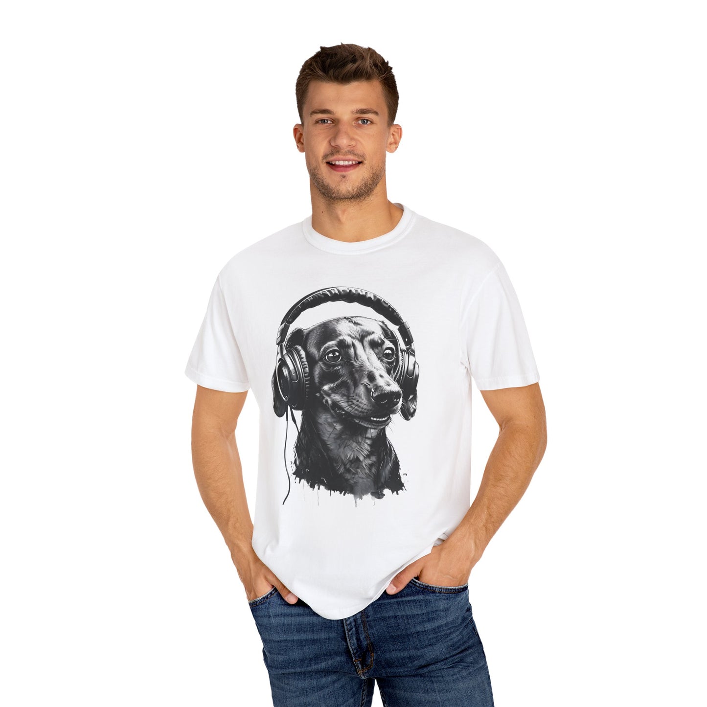 Headphones & Hot Dogs: The Ultimate Doxie Vibe! - Unisex Garment-Dyed T-shirt