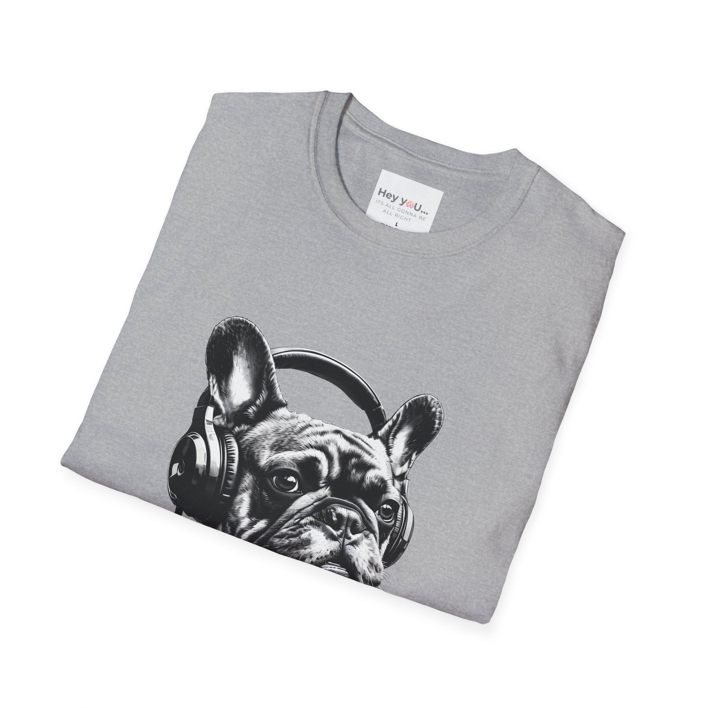 "DJ Frenchie Vibes" – Rock Out with the Coolest Pup in Town - Unisex Softstyle T-Shirt