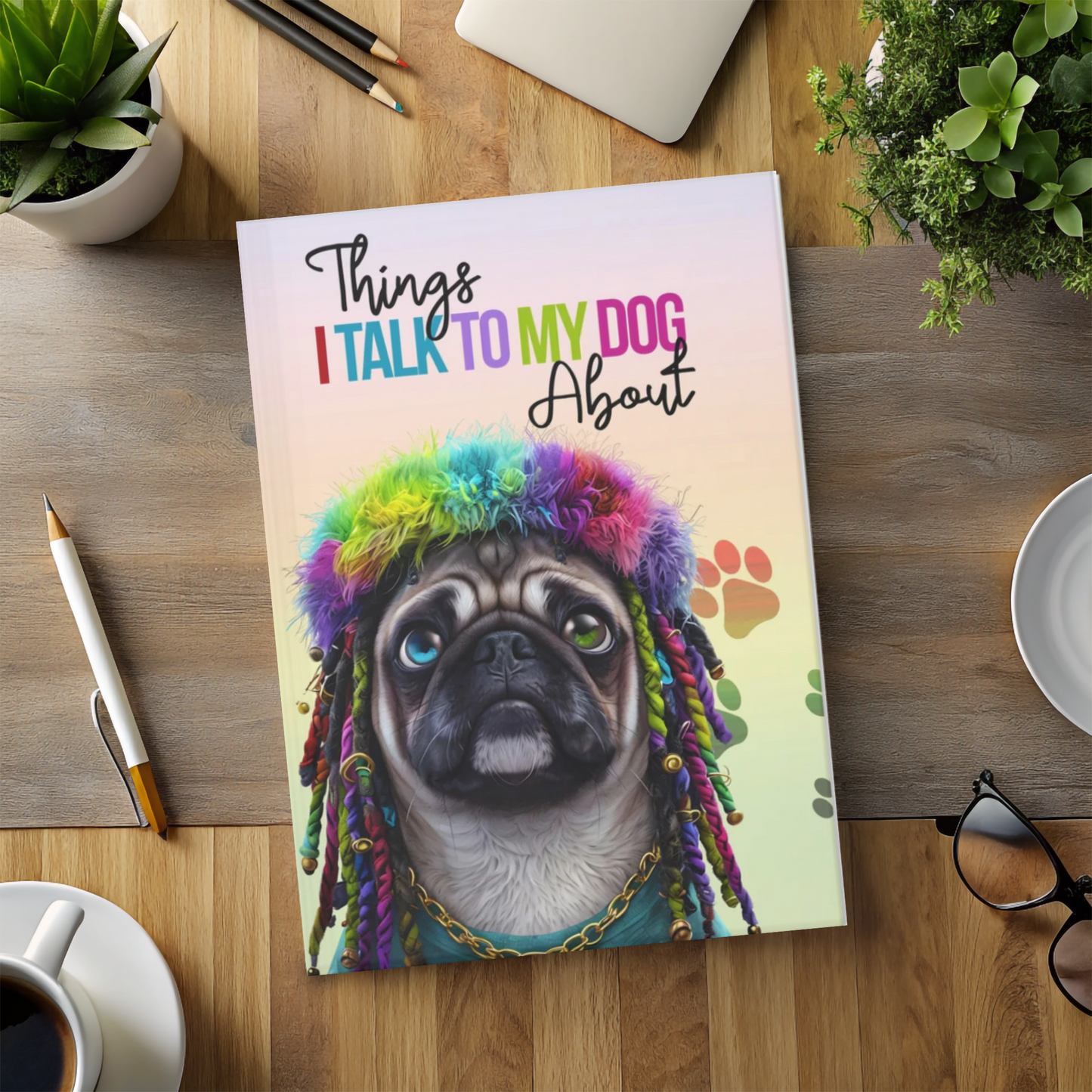 "Things I Talk to My Dog About" – Colorful Pug Hardcover Journal for Dog Lovers